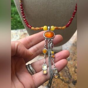 ARTISAN Hand Crafted Necklace w/ Vintage Silver Plated Pendant and Amber Beads